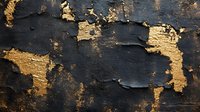 Dramatic peeling black paint reveals golden metallic texture underneath creating abstract pattern on weathered surface. Artistic grunge background for design projects.