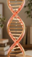 DNA double helix neon lamp with glowing pink and warm gold tubes, illuminated scientific molecular structure decoration for modern interior design and biotechnology concepts.