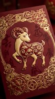 Elegant red and gold Chinese zodiac ram card with ornate floral border and traditional decorative elements for lunar new year celebrations and cultural events.