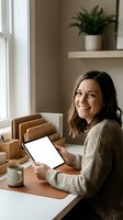 Woman with dark hair, appearing to be in her 30s-40s of mixed ethnicity, smiling at camera while holding tablet with blank screen at wooden desk. Bright home office with potted fern, coffee mug, and natural window light. Remote work, freelance, and business concept.