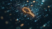 Glowing digital key symbol surrounded by binary code matrix on dark background with bokeh effect, representing cybersecurity and data encryption concepts.