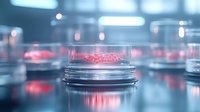Glowing red biological sample in glass petri dish, part of laboratory research array with blurred similar specimens in background.