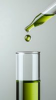 Green liquid drop falling from pipette into laboratory test tube against light background, capturing moment of scientific research in clean minimal style.