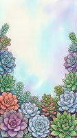 Watercolor succulents border frame with pastel blue, green, pink and purple tones on soft background with copy space for text.