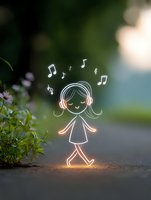 Glowing line art of happy girl with headphones walking and listening to music, surrounded by musical notes on blurred natural background with bokeh effect.