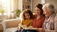 Three generations of women reading together on cozy living room sofa. Grandmother, mother and mixed-race daughter enjoying quality family time at home.