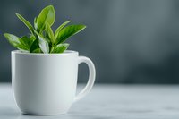 Fresh green plant growing in white coffee mug against blurred gray background, minimalist composition for wellness, nature, and sustainability concepts.