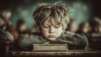 Young blonde boy resting head on arms over old book looking tired and bored in classroom setting with warm vintage lighting for educational concepts.