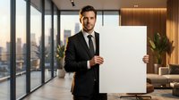Professional businessman in black suit holding blank white poster in modern office with city view for corporate presentations and marketing materials.