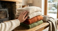 Cozy hand touching stack of folded knitted sweaters in warm autumn colors on wooden table near fireplace creating hygge home atmosphere.