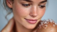 Close-up portrait of young woman with freckles and natural makeup, sea salt on shoulder against blue background. Spa skincare concept.
