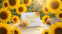 Thank you greeting card with sunflower print surrounded by bright yellow sunflowers on wooden table, warm summer mood for gratitude and celebration.