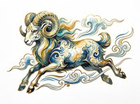 Ornate ram with flowing mane and decorative swirls in blue and gold tones, isolated on transparent background. Ready for t-shirt design, clipart, stickers, sublimation and print-on-demand projects.