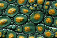 Microscopic view of green plant cells with bright orange nuclei showing detailed cellular structure and organic patterns in scientific photography.
