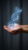 Glowing DNA double helix floating above open human hands representing genetic research, biotechnology innovation and medical science breakthroughs.