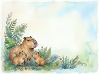 Watercolor capybara family with babies surrounded by tropical ferns and foliage on soft pastel background for nature designs and wildlife illustrations.
