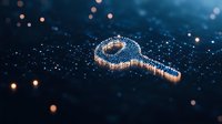 Digital key made of glowing particles on dark background with bokeh effect, representing cybersecurity and digital access technology.