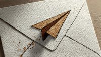 Wooden paper airplane on white textured paper with geometric lines creating modern minimalist composition for creative design projects.