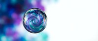Translucent glass sphere with swirling blue and purple patterns floating against soft bokeh background for modern design projects.