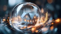 Glowing house model inside crystal sphere with financial chart overlay and bokeh lights, representing real estate market trends and property investment analysis.