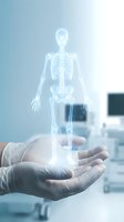 Medical professional hand holding holographic human skeleton projection in modern healthcare facility for anatomy education and diagnostic visualization.