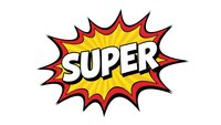 Comic book explosion burst with super text in bold white letters on yellow background with red outline spikes isolated on transparent background for design.