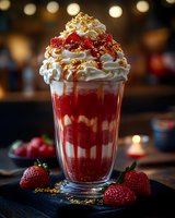 Layered strawberry milkshake topped with whipped cream, caramel drizzle, and golden sprinkles. Fresh strawberries and bokeh lights create luxurious dessert atmosphere.