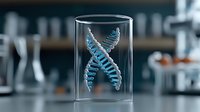 Glowing blue DNA helix structure floating in glass container against blurred laboratory background, representing genetic research and biotechnology advancement.