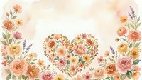 Watercolor floral heart with roses, peonies, and lavender in soft peach tones on a light background, perfect for greeting cards and invitations.
