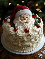 Festive Christmas cake decorated with Santa Claus face, white buttercream rosettes and red berries against holiday lights background for seasonal celebrations.