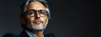 Confident mature Caucasian businessman with gray hair, beard and glasses looking up thoughtfully against dark background, wearing navy suit jacket.