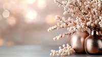 Elegant copper vase with pussy willow branches creating warm spring home decor against soft bokeh background for interior design and seasonal decoration.