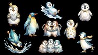 Cute watercolor penguin clipart set isolated on transparent background, featuring playful poses, perfect for stickers, t-shirt design, print on demand, and sublimation projects.