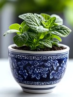 Fresh mint plant growing in decorative blue and white ceramic pot with floral pattern, close-up view showing textured leaves against blurred background.