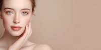 Young Caucasian woman with natural makeup touching face gently, skincare and beauty concept for cosmetic advertising and wellness campaigns.