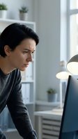 Focused young Asian woman working intently at computer in modern bright office with desk lamp. Professional businesswoman concentrating on laptop screen.