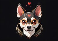 Smiling Chihuahua dog head with heart marks and collar on black background, cartoon style character design for stickers, prints and merchandise.