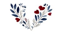 Elegant watercolor floral wreath with navy blue leaves and deep red heart-shaped flowers on white background, perfect for wedding invitations or romantic designs.