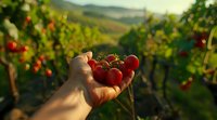 Fresh cherry tomatoes held in farmer's hand against blurred vineyard background at golden hour, showcasing organic harvest and farm-to-table concept.