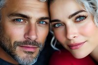 Close-up portrait of attractive mature Caucasian man with blue eyes and beard alongside young blonde woman. Intimate couple relationship concept.