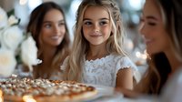 Young blonde girl in white lace dress smiling at birthday party celebration with cake and candles, surrounded by friends or family in soft festive lighting.