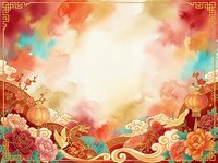 Festive lunar new year background with red lanterns, peonies, and watercolor splashes in warm tones, featuring ornamental gold borders and clouds for holiday celebrations and greetings.