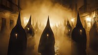 Hooded figures in dark robes walking through misty medieval street at night creating mysterious atmospheric procession for horror and fantasy themes.