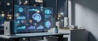 Futuristic holographic data visualization interface displaying brain analysis, charts and graphs on transparent screens in modern office workspace for AI technology.