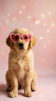Adorable golden retriever puppy wearing pink heart-shaped sunglasses on romantic bokeh background for Valentine's Day greeting cards and love themes.