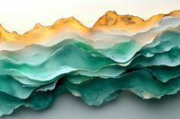 Abstract mountain landscape in turquoise and gold tones with layered waves creating depth and movement, artistic interpretation of nature for wall art and design projects.