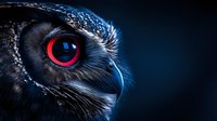 Dramatic close-up of owl face with striking red eye against dark blue background, showing detailed feathers and curved beak. Perfect for wildlife and nature projects.