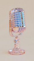 Holographic vintage microphone with iridescent pink and blue reflections on beige background for music, podcast, or entertainment design.
