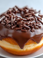 Fresh donut covered with dark chocolate glaze and decorated with chocolate sprinkles on white plate, extreme close up macro food photography.