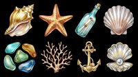 Seashells, starfish, anchor, and bottle isolated on transparent background. Ready for t-shirt designs, clipart, stickers, sublimation, and print-on-demand products.